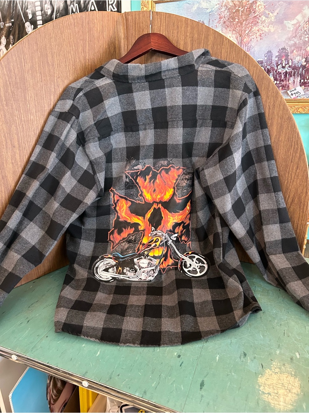 Black & Gray checker flannel long sleeve button up Motorcycle chopper biker